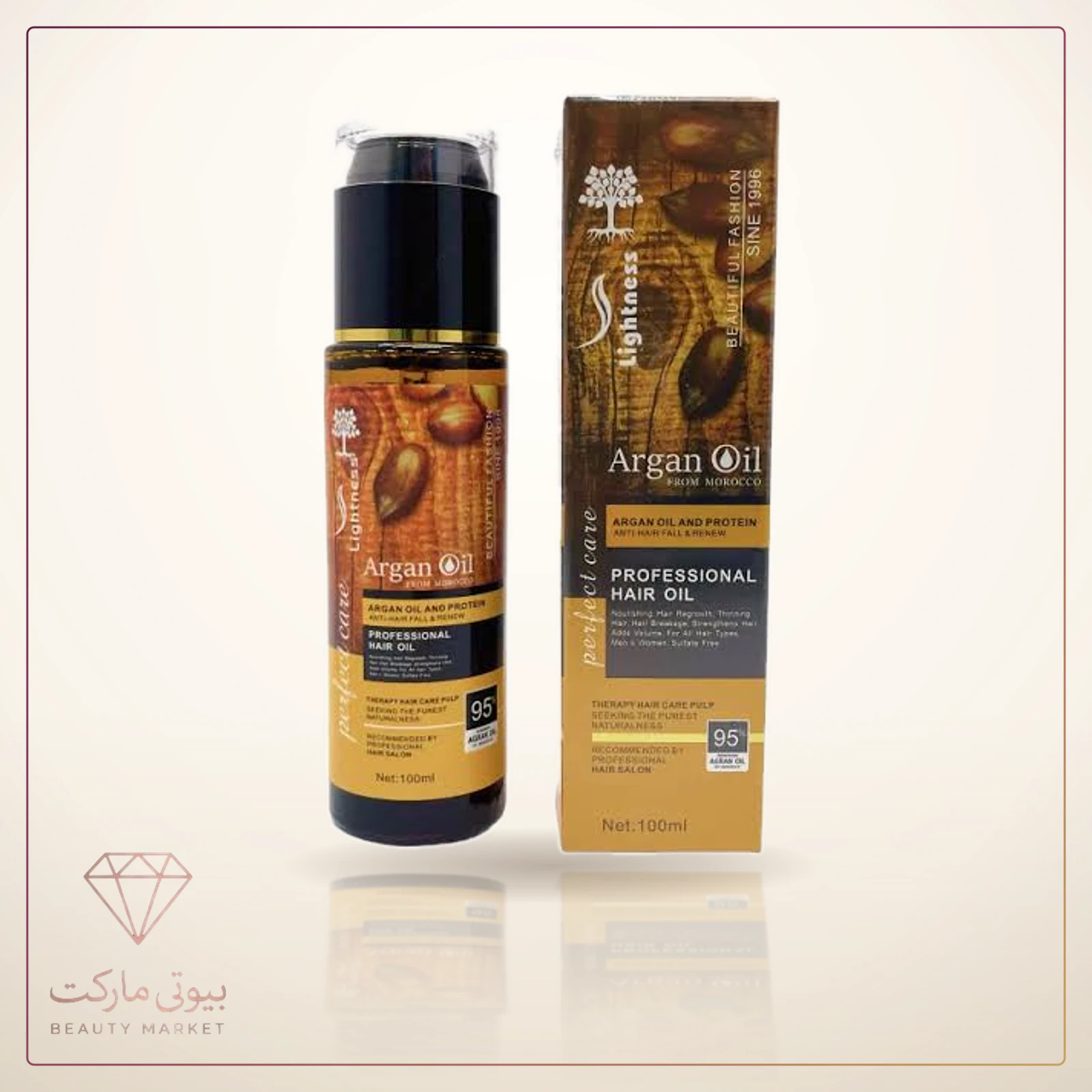 روغن آرگان لایتنس حاوی 95 درصد روغن آرگان طبیعی، بدون سولفات، نرمکننده و ترمیمکننده موهای خشک و وزدار حجم 100 میلیلیتر